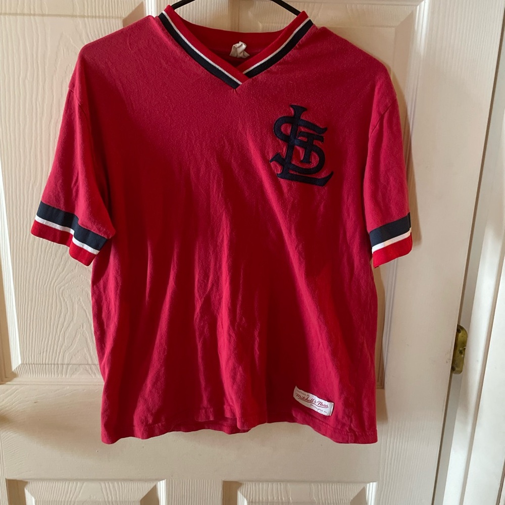 Mitchell & Ness Red V-Neck Tee with Stripes